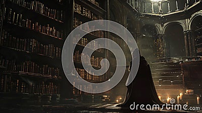 A cloaked figure kneels before a towering bookshelf their hands tracing the intricate symbols etched into the Stock Photo