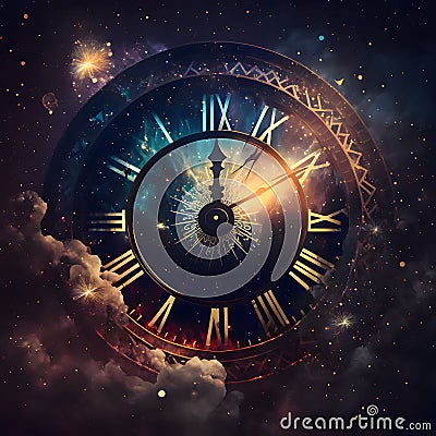 Clock against the sky of space. New Year's fun and festiv Vector Illustration