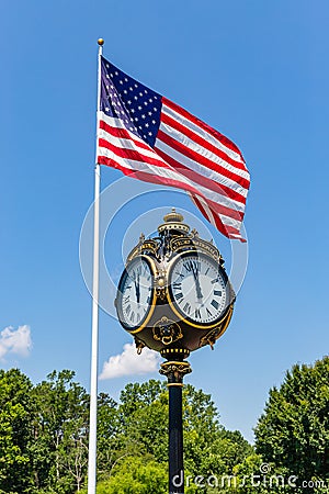 Clock and American Flag at the Trump National Golf Club Charlotte Editorial Stock Photo