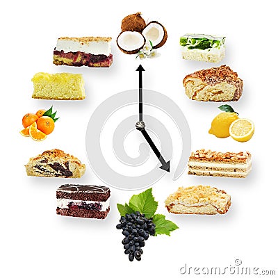 Clock arranged from cakes and fruits isolated on white Stock Photo