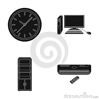 Clock with arrows, a computer with accessories for work in the office, a cabinet for storing business papers, air Vector Illustration