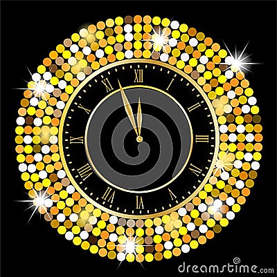 Clock on a black background with gold spangles Vector Illustration