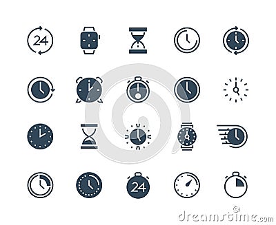 Clock black icons. Time and calendar infographic symbols with stopwatch alarm wristwatch and hourglass. Vector time Vector Illustration