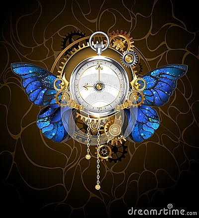 Clock with blue butterfly wings Vector Illustration