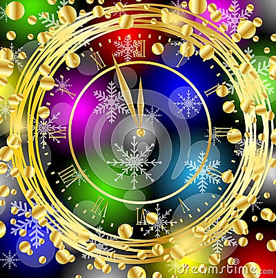 Clock on a bright christmas background with gold spangles Vector Illustration