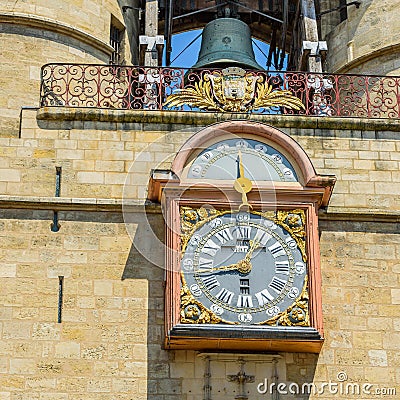 Clock on the building on Great Bell of Bordeaux, France Stock Photo