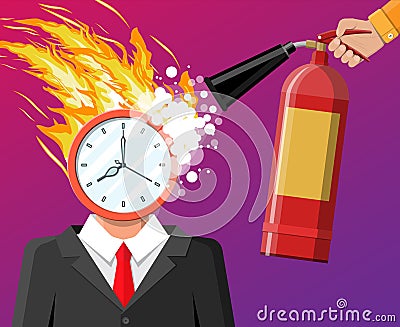 Clock on businessman head in fire. Vector Illustration