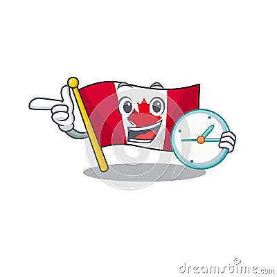 With clock canadian flag fluttering on mascot pole Vector Illustration