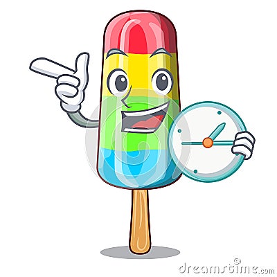 With clock character beverage colorful ice cream stick Vector Illustration