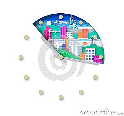 Clock with city elements, urban landscape. Vector illustration in paper art style. Modern city development. Vector Illustration