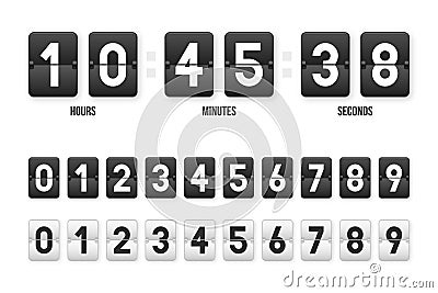 Clock countdown display in retro style. Flip clock numbers. Numbers in flip clock style with hours, minutes and seconds. Flip Vector Illustration