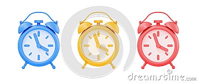 Clock 3d render icon set - simple alarm timer concept, red retro style alarmclock Cartoon Illustration