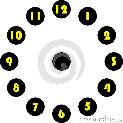 Clock dial enormous yellow numbers in circle hourly on black circle Vector Illustration