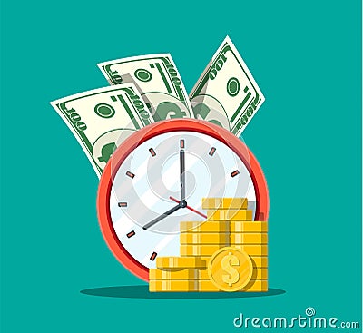 Clock, dollar banknotes and golden coins. Vector Illustration