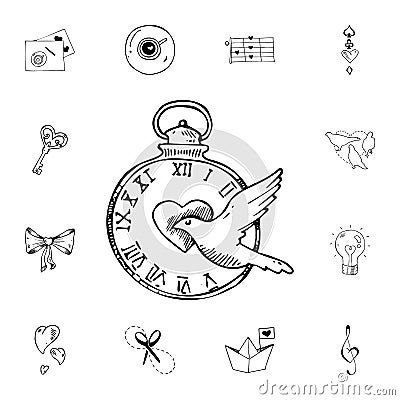 Clock, dove, heart flat vector icon in valentine sketch pack Stock Photo