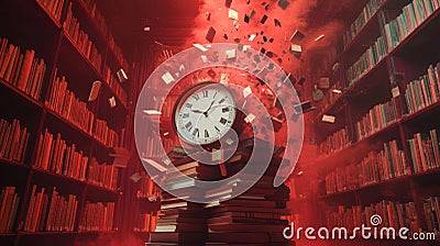 Clock exploding with books in a dramatic library setting, symbolizing time and knowledge Stock Photo