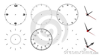 Clock face blank isolated on white background. Vector clock hands. Set for watch design Vector Illustration