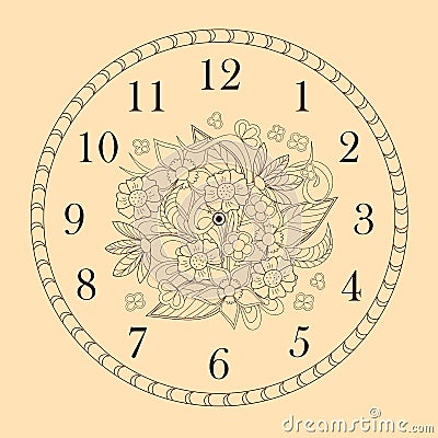 Clock face decorated with doodle flowers Vector Illustration