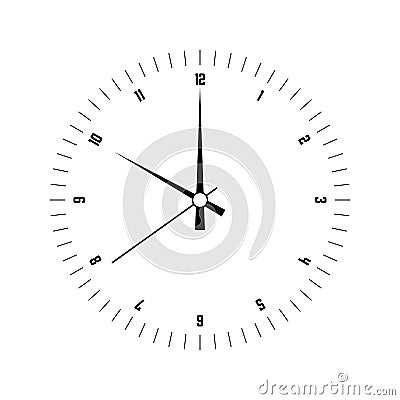 Clock face. Hour dial with numbers and hour, minute and second hand. Dashes mark minutes and hours. Simple flat vector Vector Illustration