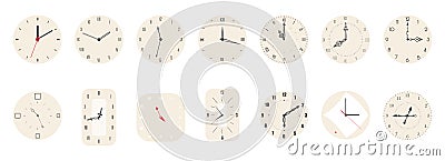 Clock face set, old classic analog clocks with Roman and Arabic numbers, ornamental hands Vector Illustration