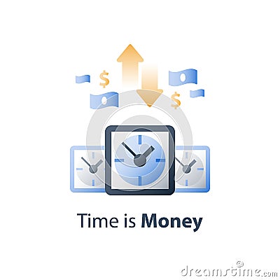 Clock face, time is money, financial solution, fast cash loan, quick money send, payment installment period Vector Illustration