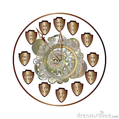 Clock with gold numbers and metal gears on white background. Clock gear mechanism with gold gears Vector Illustration