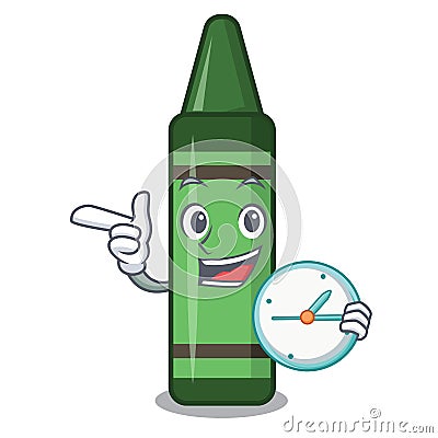 With clock green crayon isolated in the cartoon Vector Illustration