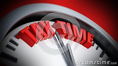 Clock hand pointing red tax time words. 3D illustration Cartoon Illustration