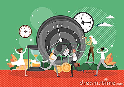 Clock, hourglass, office people running in panic with documents. Time management, deadline, urgent work, vector. Vector Illustration