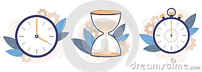 Clock, hourglass and stopwatch. Analog watch clocks, countdown timer and time management vector illustration set Vector Illustration