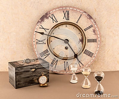 Clock, Hourglassess, Wristwatch, and Pocketwatch Stock Photo