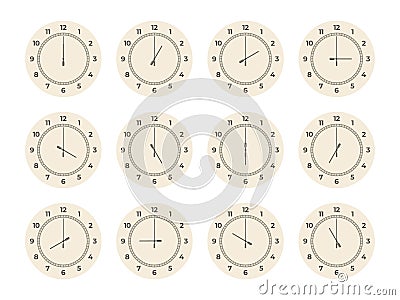 Clock hours set. Round watch faces with arabic roman numbers, twelve dial elements analog displays showing different Vector Illustration