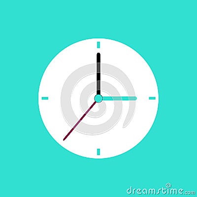 Clock icon in flat style, round timer on blue background. Simple watch button Stock Photo