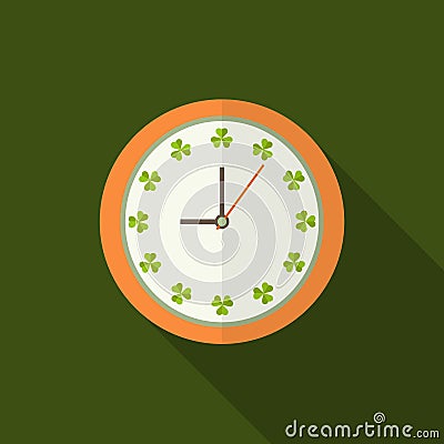 Clock Icon With Shamrocks And Long Shadow. Positive Start Of The Day Concept Vector Illustration