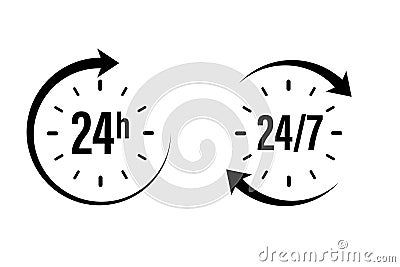 24 7 clock icon vector. day hour open customer support service. call center time assistance 247. online help. round week year sign Stock Photo