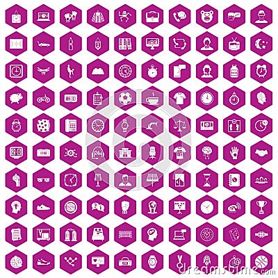 100 clock icons hexagon violet Vector Illustration