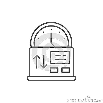 Clock with laptop, worker hours, part time job lineal icon. Time management symbol design. Vector Illustration