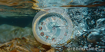 Clock Submerged Underwater Near Rocks. Generative AI Stock Photo