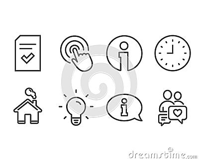 Clock, Light bulb and Checked file icons. Information, Click and Dating chat signs. Vector Illustration