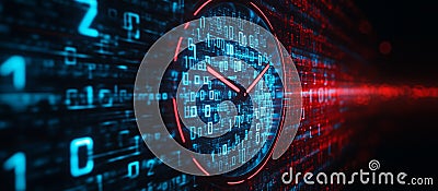 A clock made of binary code numbers, glowing in blue and red light with a digital background. Conceptual illustration of fast data Cartoon Illustration
