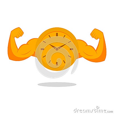 Clock and male arms with flexed biceps muscles. Gym time. Vector Illustration