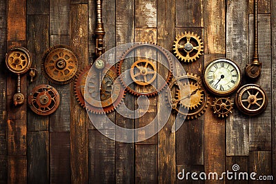 Clock mechanism parts on wooden background Cartoon Illustration