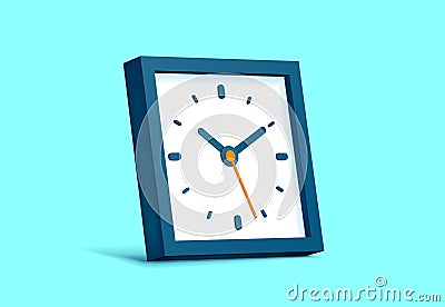 Clock squre icon in flat style, blue 3d timer on turquoise background. Business watch. Volume vector design element for you projec Vector Illustration