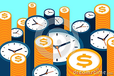 Clock and dollar icons in flat style, timers and money sign on color background. Time management. More watch and coin. Business ve Vector Illustration