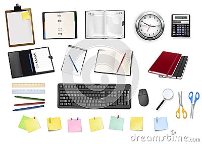 A clock, notebooks and some office supplies. Vector Illustration