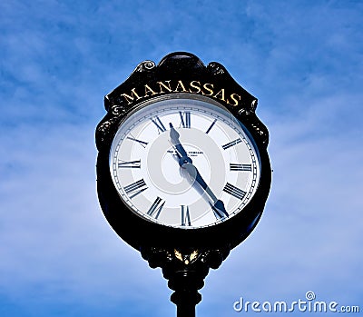 Clock in the old town of Manassas Editorial Stock Photo