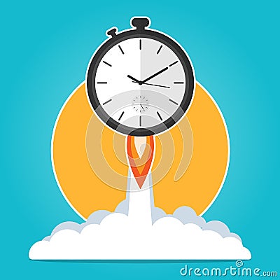 Clock rocket launch up,time to work time is running,deadline concept flat vector Vector Illustration