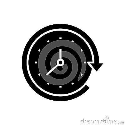 Clock rotation black icon, concept illustration, vector flat symbol, glyph sign. Cartoon Illustration