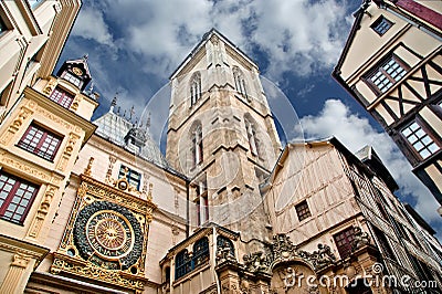 Clock in the Rue du Gros-Horloge, Rouen, France Stock Photo