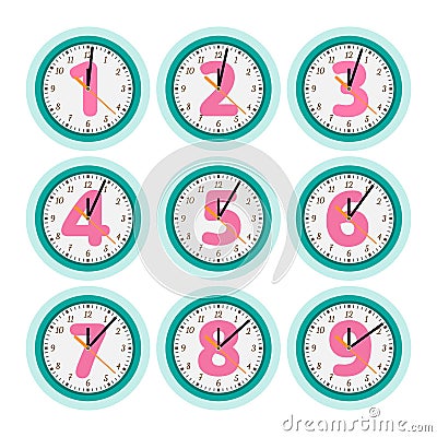 Clock set - one to nine minutes Vector Illustration